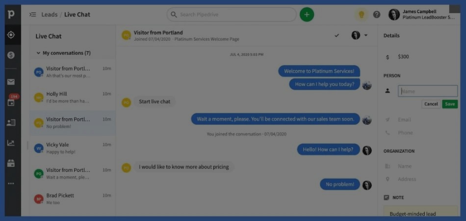 Messengers, social networks, telephony in Pipedrive's CRM