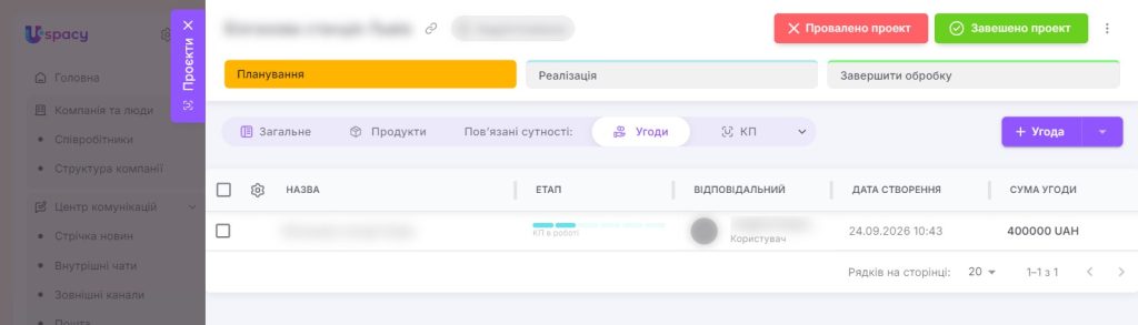 Проєкт в Uspacy CRM з пов’язаними угодами